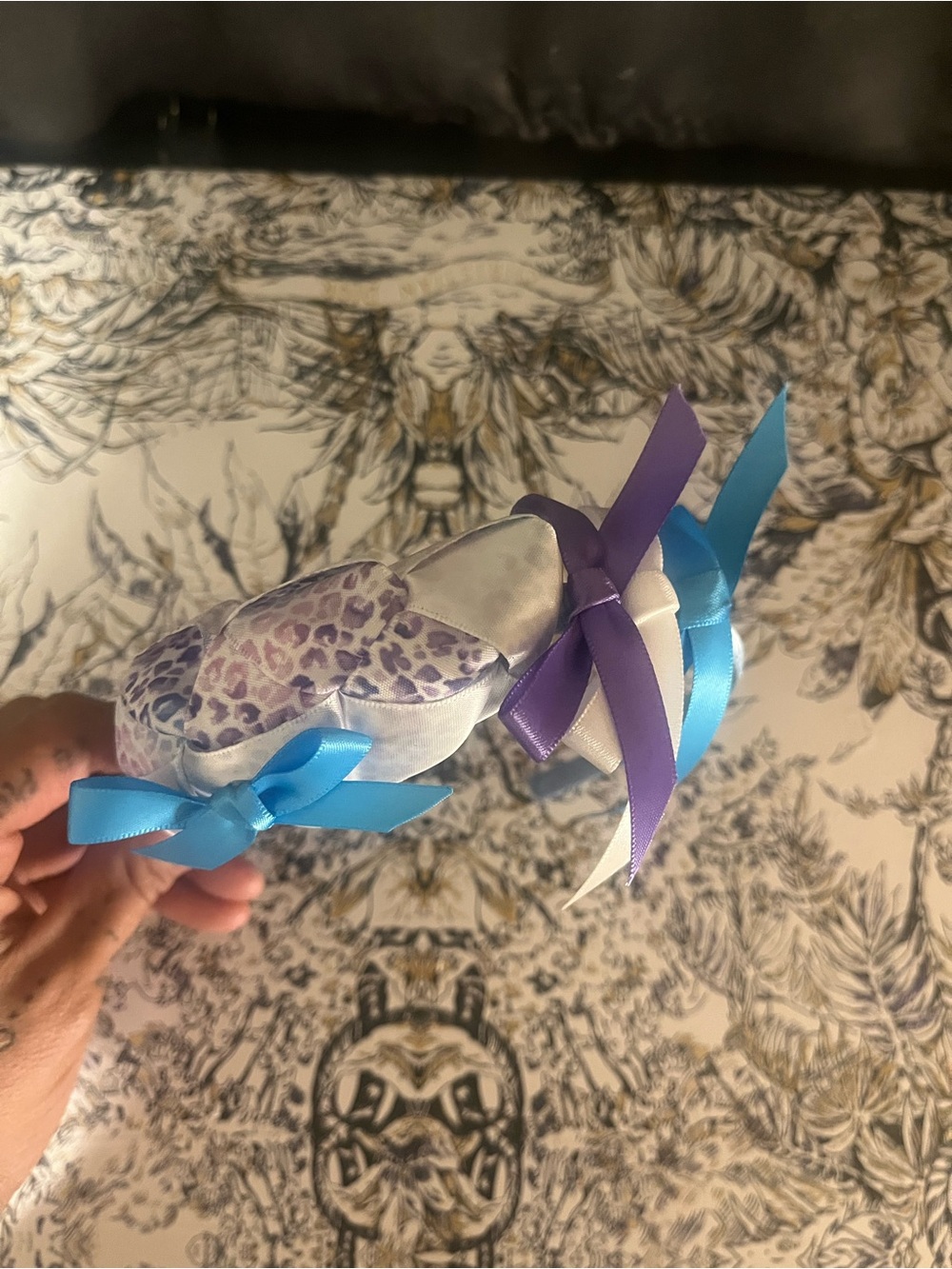 Handmade Light Blue Ribbon Bow Kids Headband with Purple Accents - Picture 2 of 5